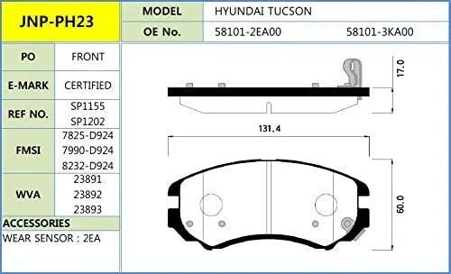 Pastillas de Freno Delantera Elantra 2007-2010/Tucson 2005-2009/Kia Sportage 2005-2010